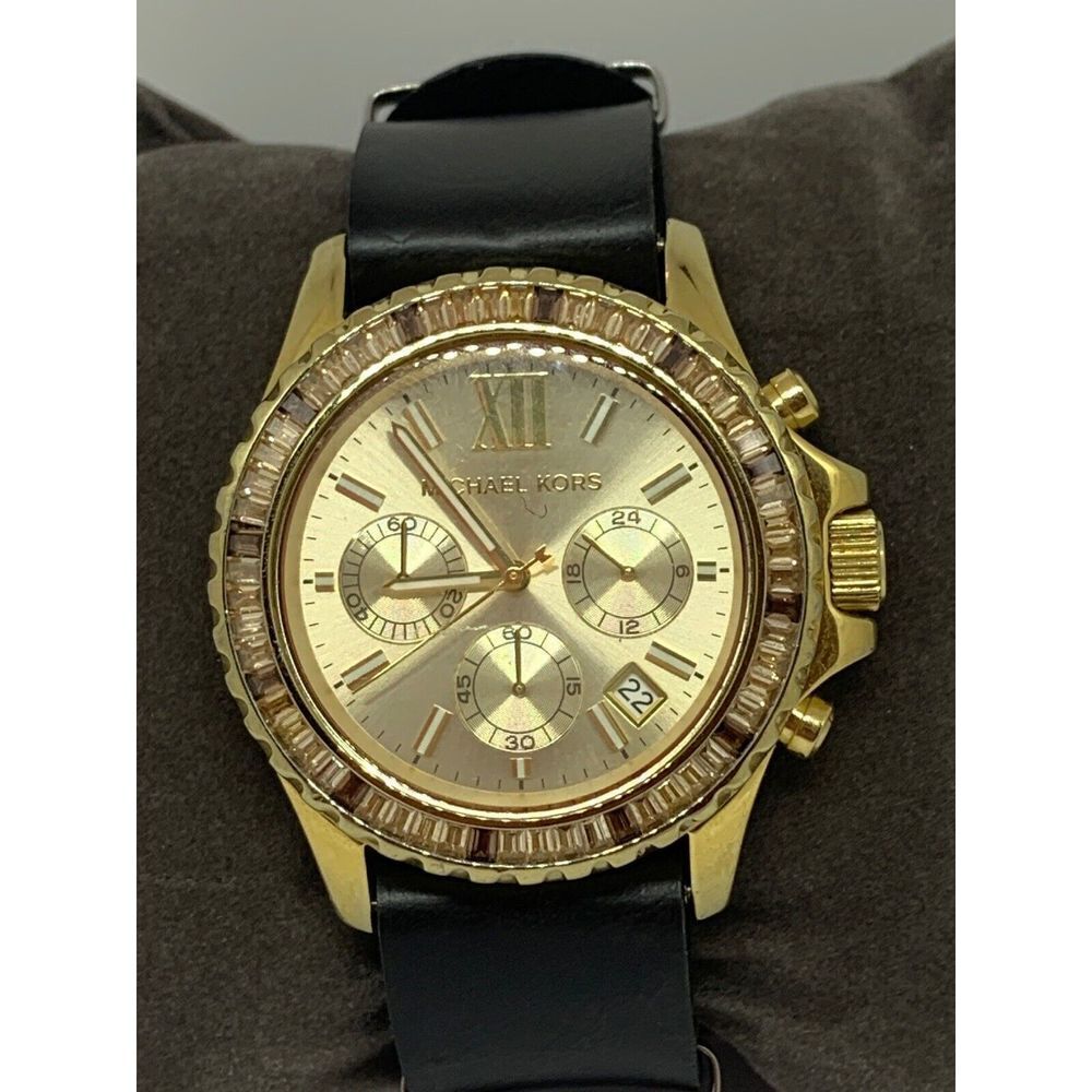 Michael Kors MK5874 Womens Black Leather Analog Champagne Dial Quartz Watch W360